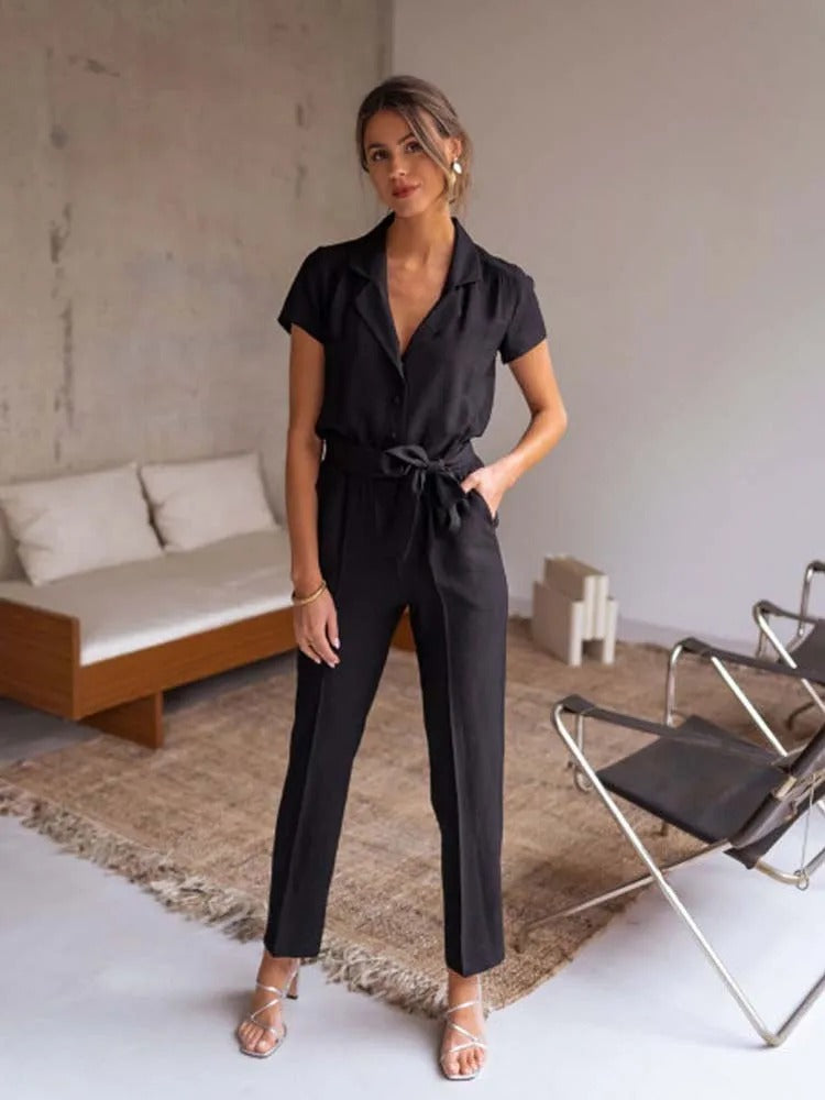 Dam Viskos Jumpsuit med V-ringning och Bälte-2