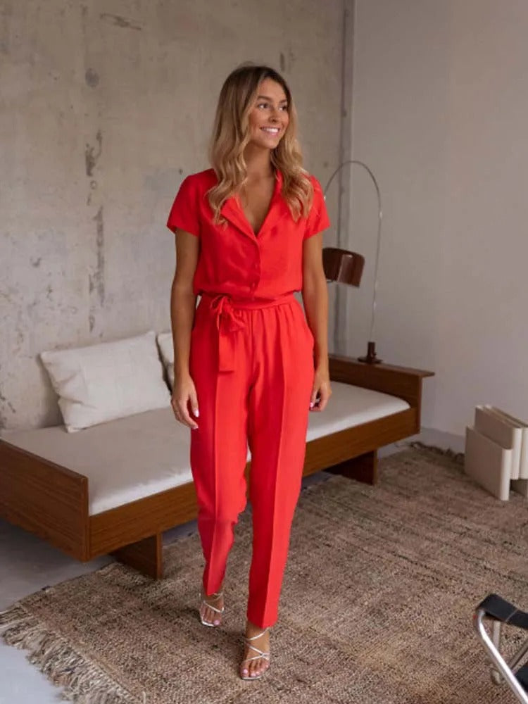 Dam Viskos Jumpsuit med V-ringning och Bälte-1