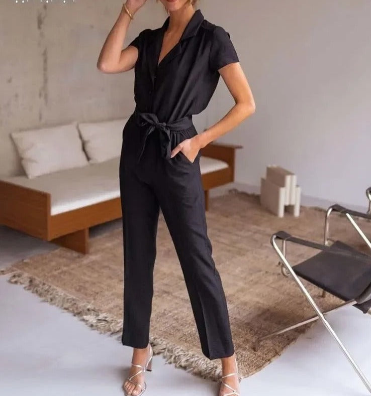 Dam Viskos Jumpsuit med V-ringning och Bälte-3