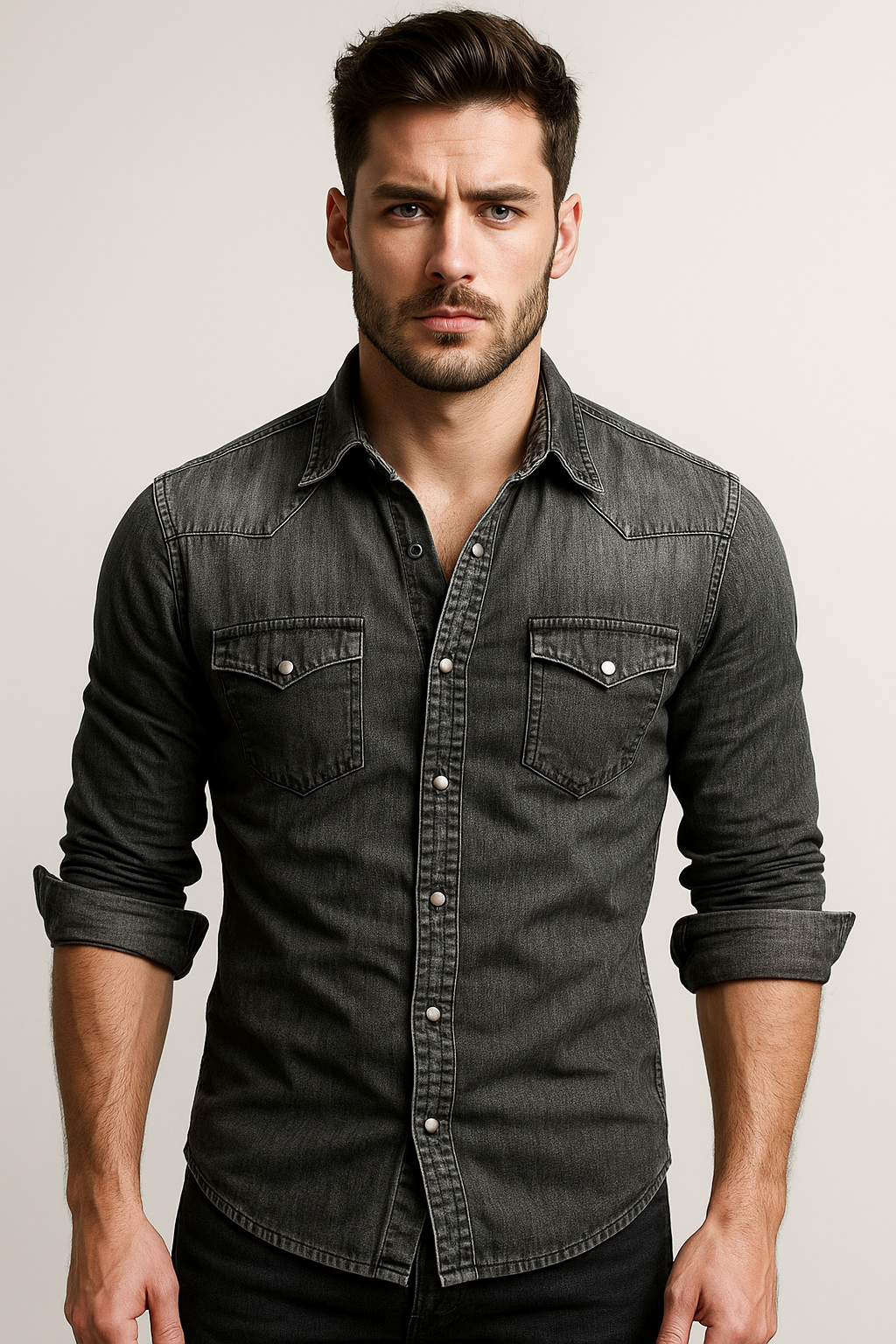 Herrskjorta Denim Klassisk Stil Hållbar Material-5