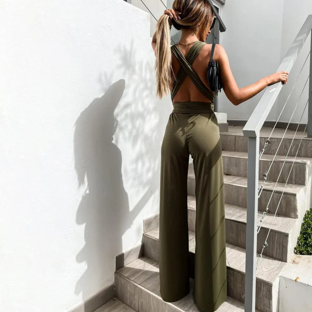 Dam Ärmlös Jumpsuit med Plisserat Bälte och Vida Ben