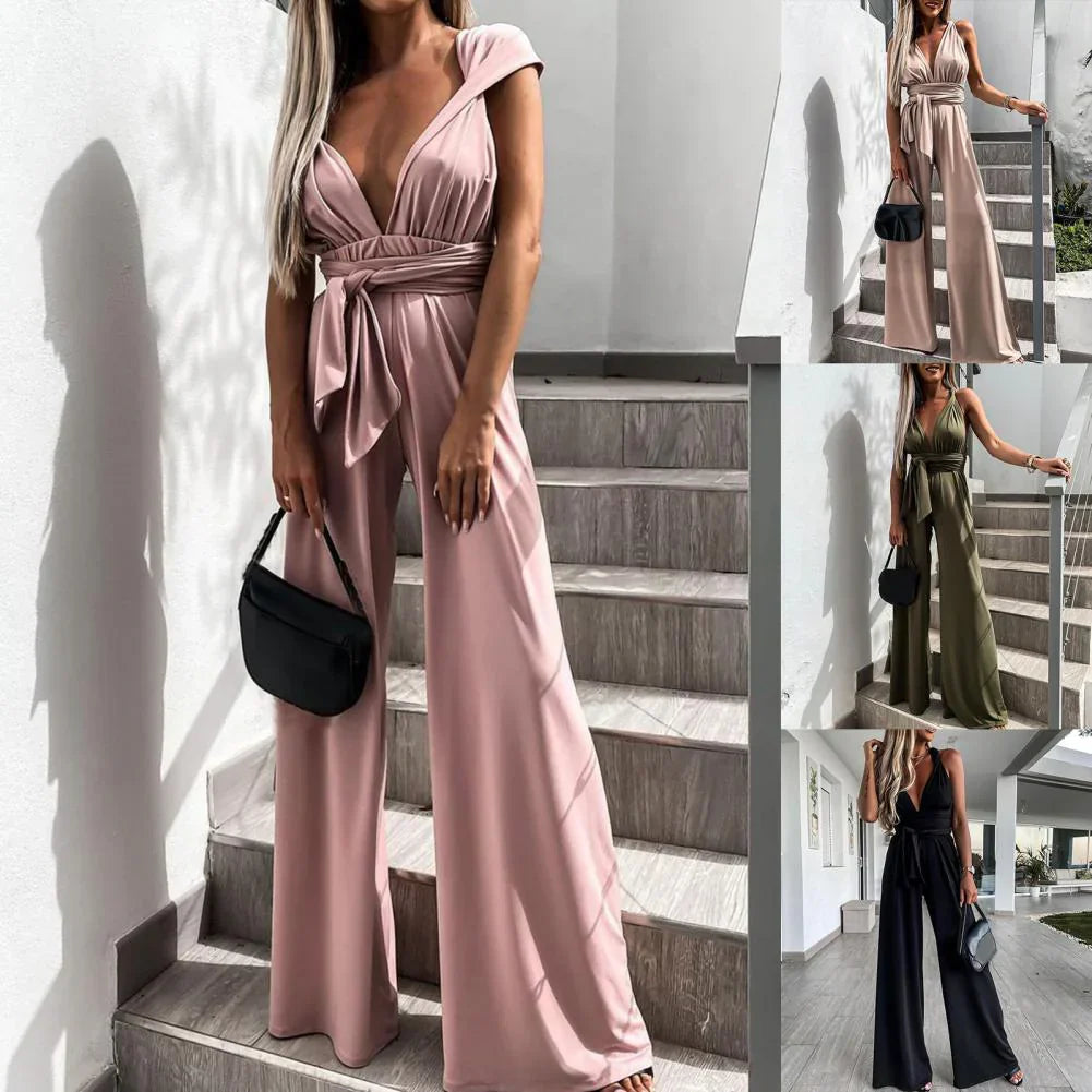 Dam Ärmlös Jumpsuit med Plisserat Bälte och Vida Ben