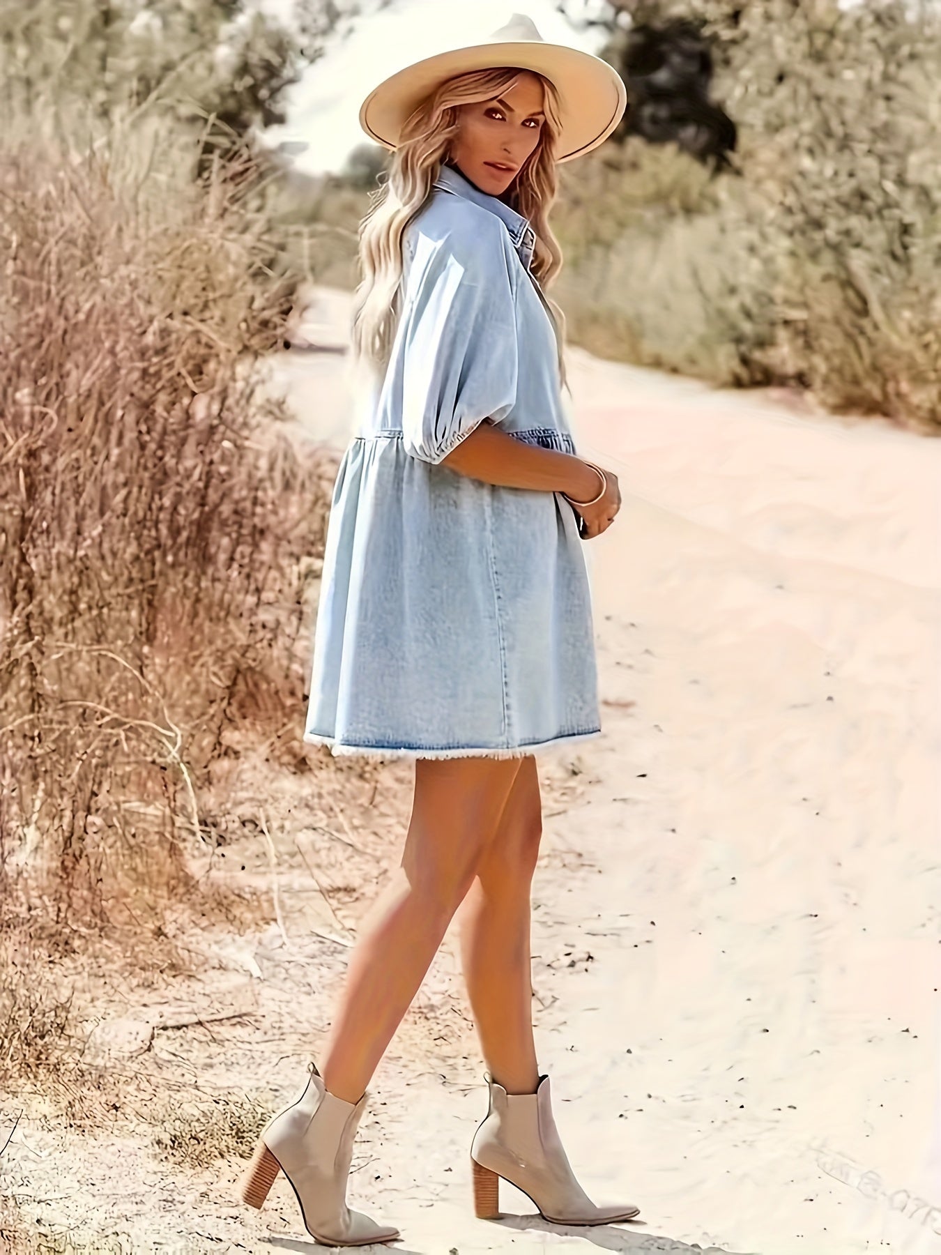 Dam Denim Klänning med Pofemouvar och Knutstängning