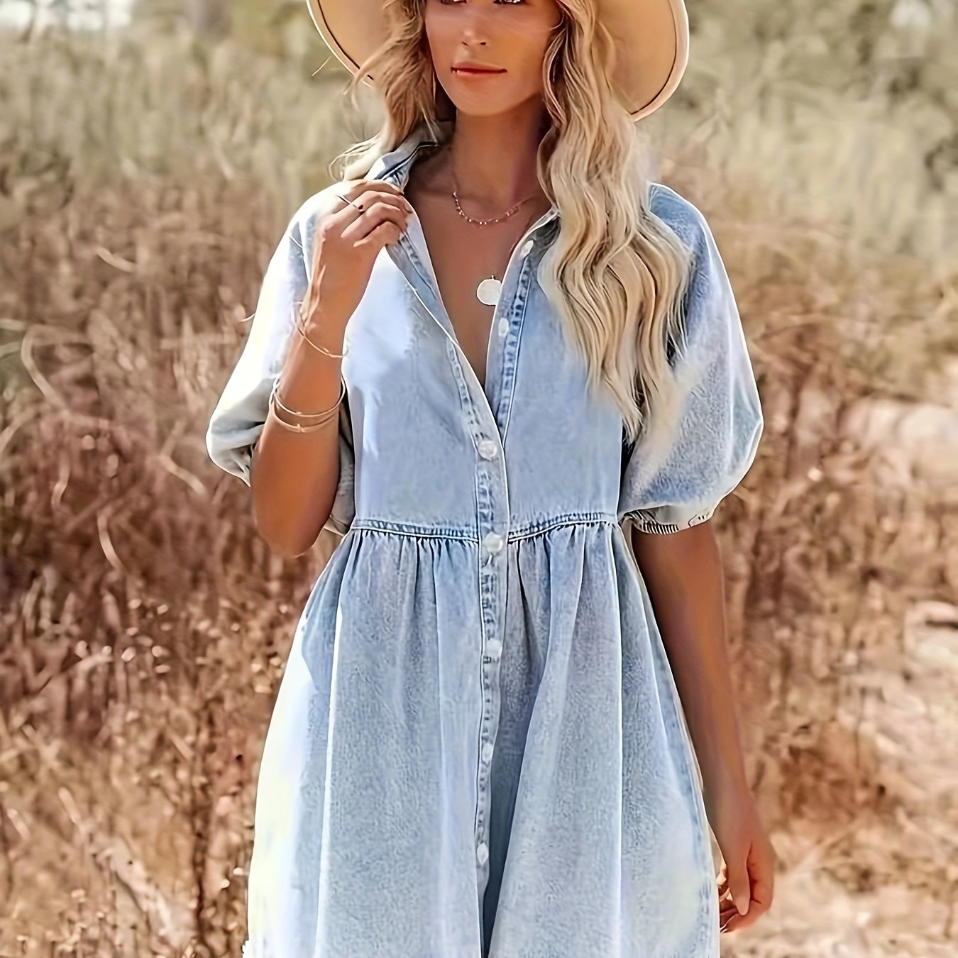 Dam Denim Klänning med Pofemouvar och Knutstängning