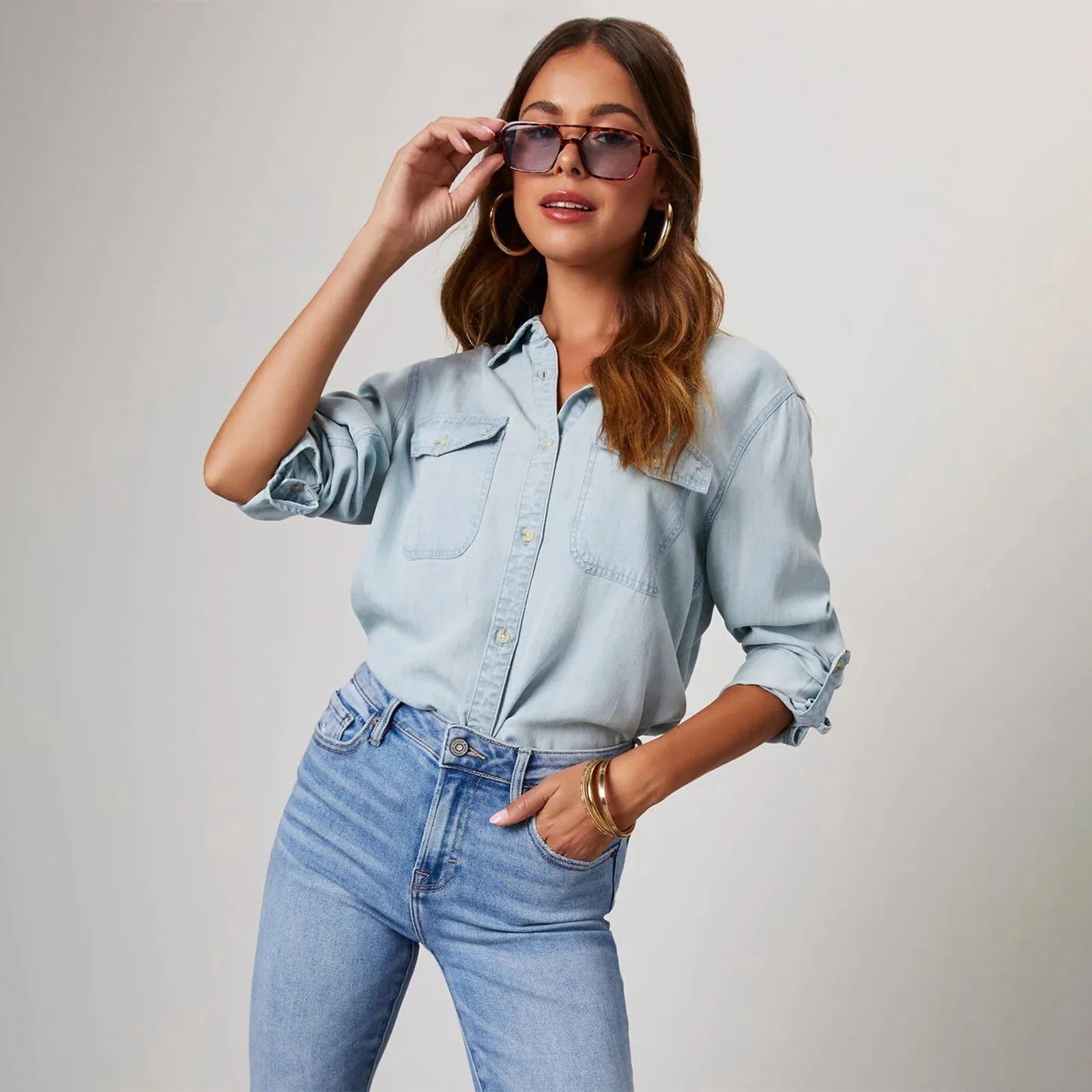 Dam Denimskjorta Långa Ärmar Chic Design
