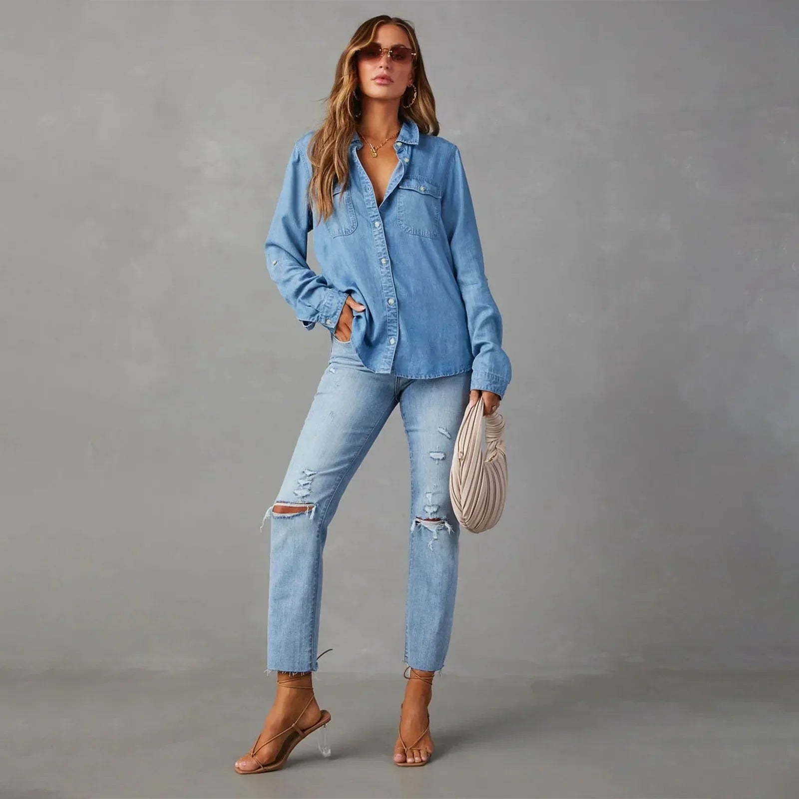Dam Denimskjorta Långa Ärmar Chic Design