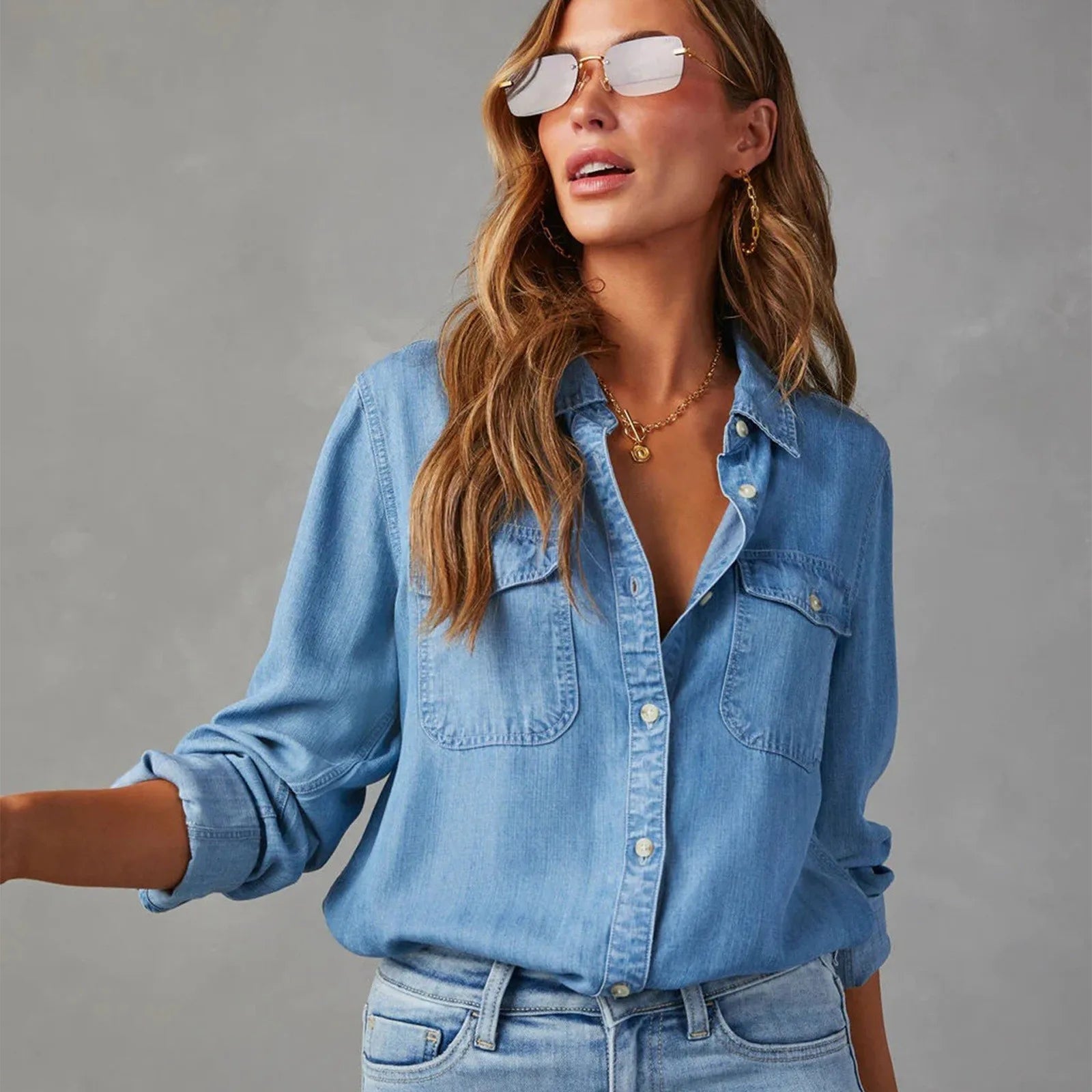 Dam Denimskjorta Långa Ärmar Chic Design