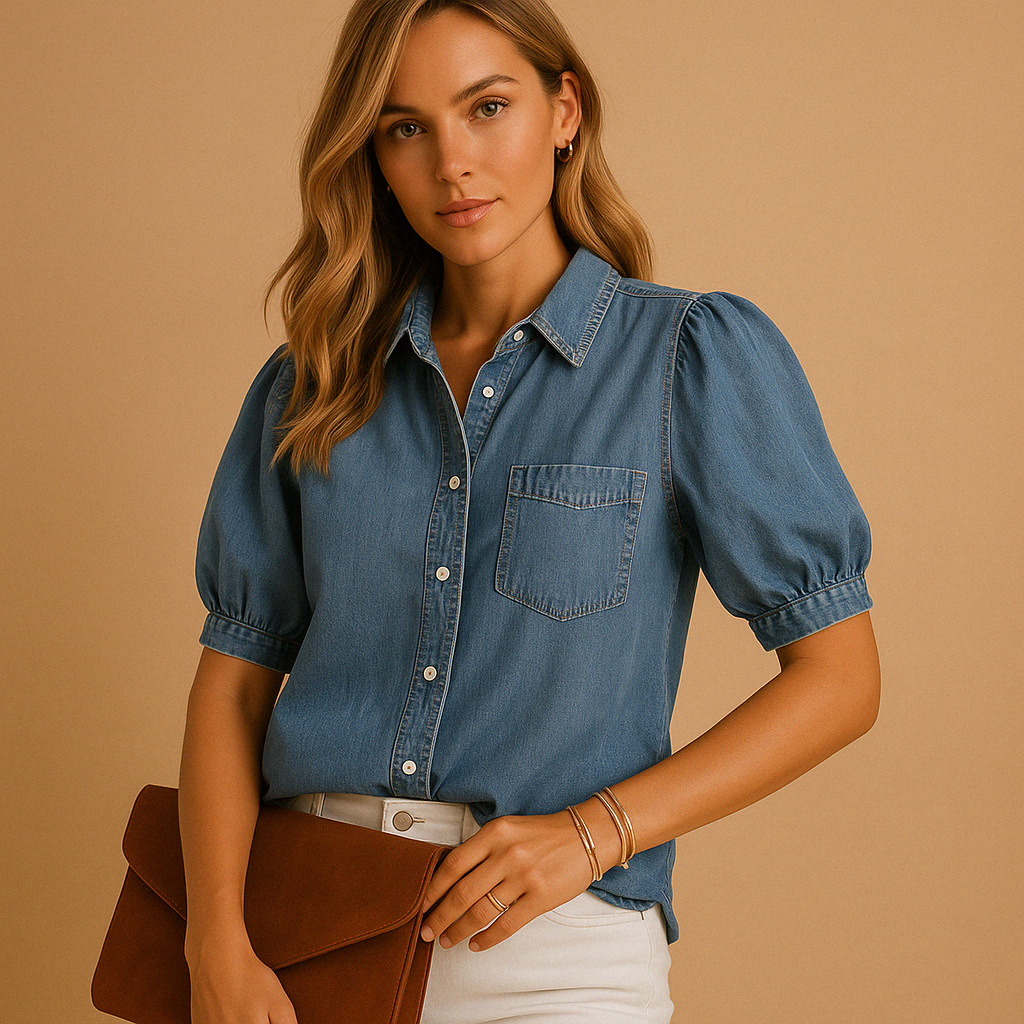 Dam Figursydd Denim Blus med Knapplåsning och Långa Ärmar