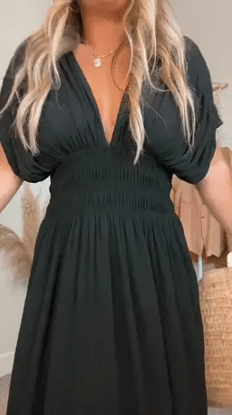 Dam Maxiklänning 100% Bomull Elegant V-Ringning Korta Ärmar