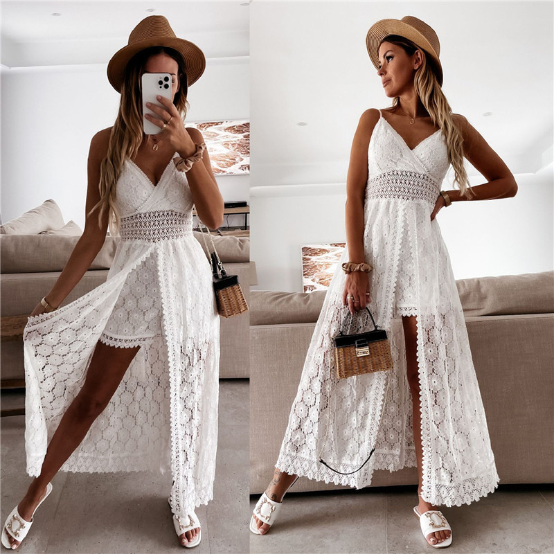 Dam Spets Lång Strandklänning Boho Stil