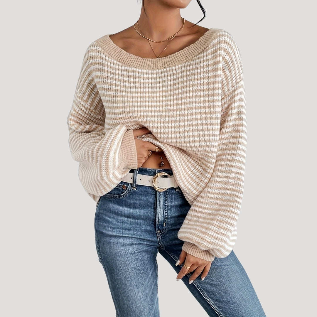Damens Randig Stickad Tröja – Oversized och Mjuk Design 1