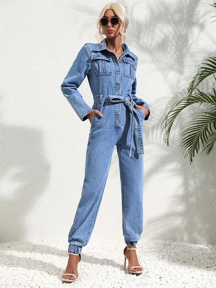 Damernas Utility Jumpsuit med Knoopsluiting och Långa Ärmar
