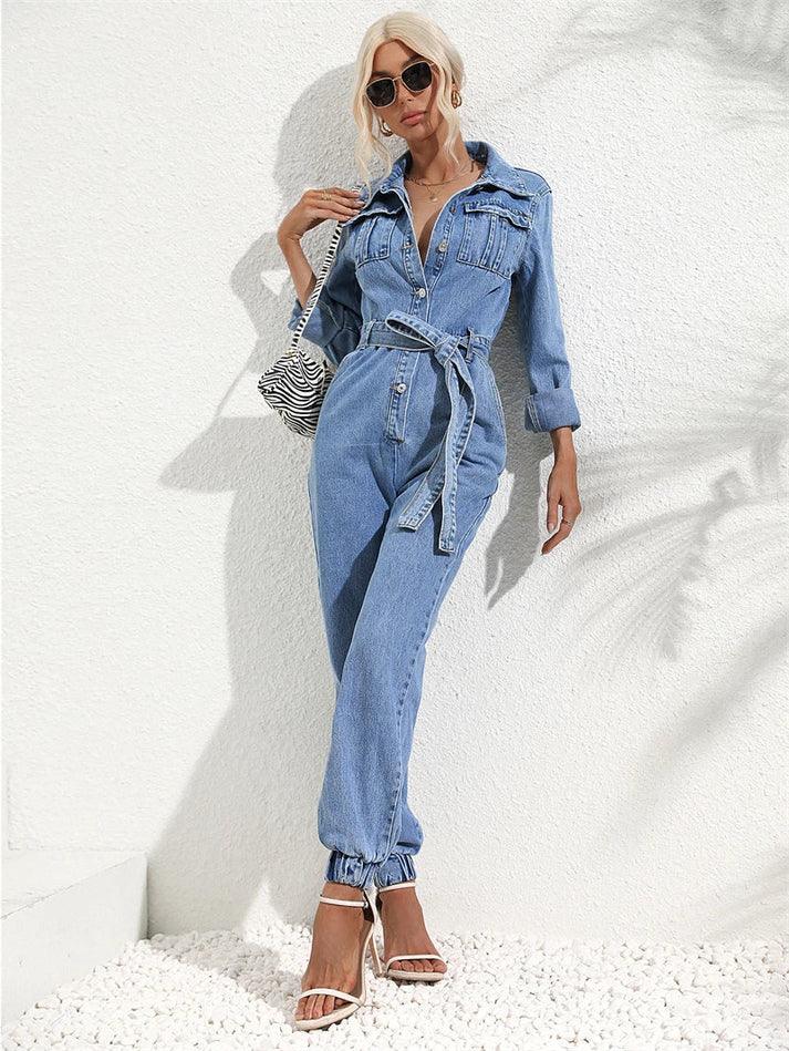 Damernas Utility Jumpsuit med Knoopsluiting och Långa Ärmar