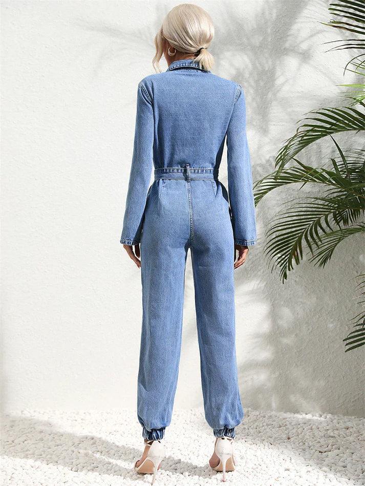Damernas Utility Jumpsuit med Knoopsluiting och Långa Ärmar