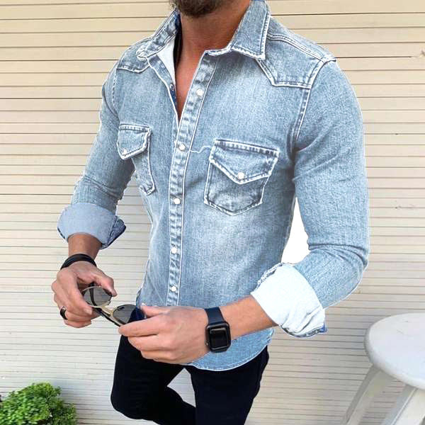 Herr Slim-Fit Denimskjorta i Bomullsblandning