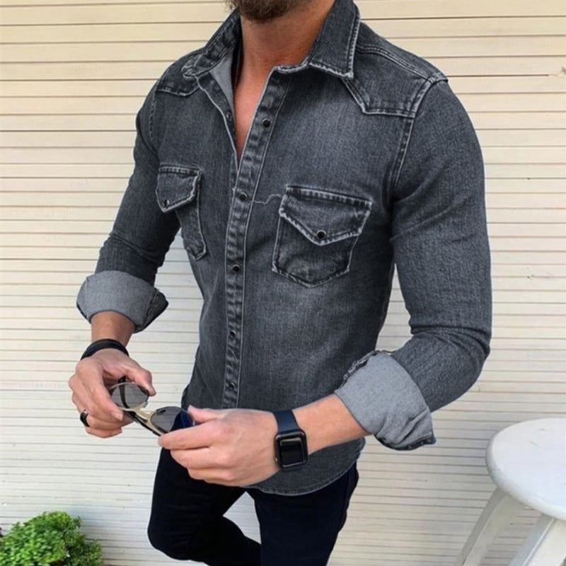 Herr Slim-Fit Denimskjorta i Bomullsblandning