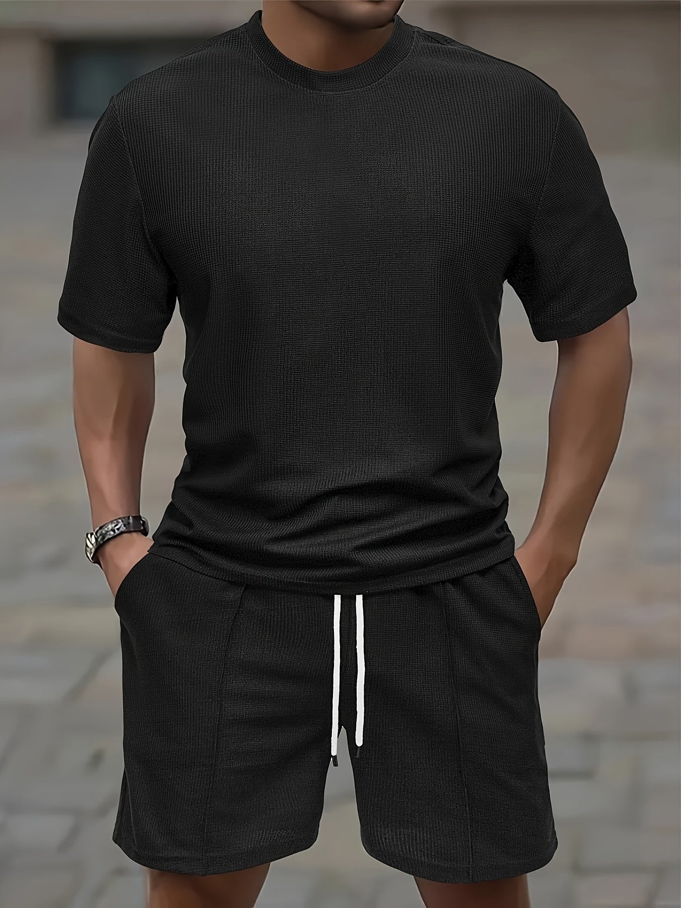 Herr Waffle Knit T-shirt och Shorts Set för Avslappnad Stil