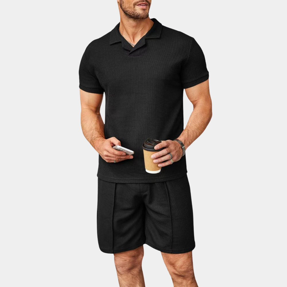 Herrars Avslappnat Tvådelat Set med Korta Ärmar och Shorts