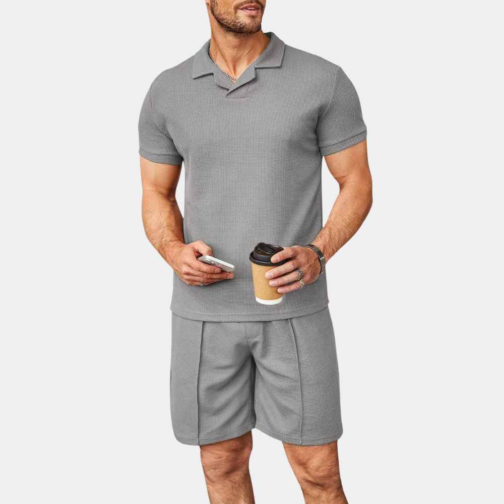 Herrars Avslappnat Tvådelat Set med Korta Ärmar och Shorts