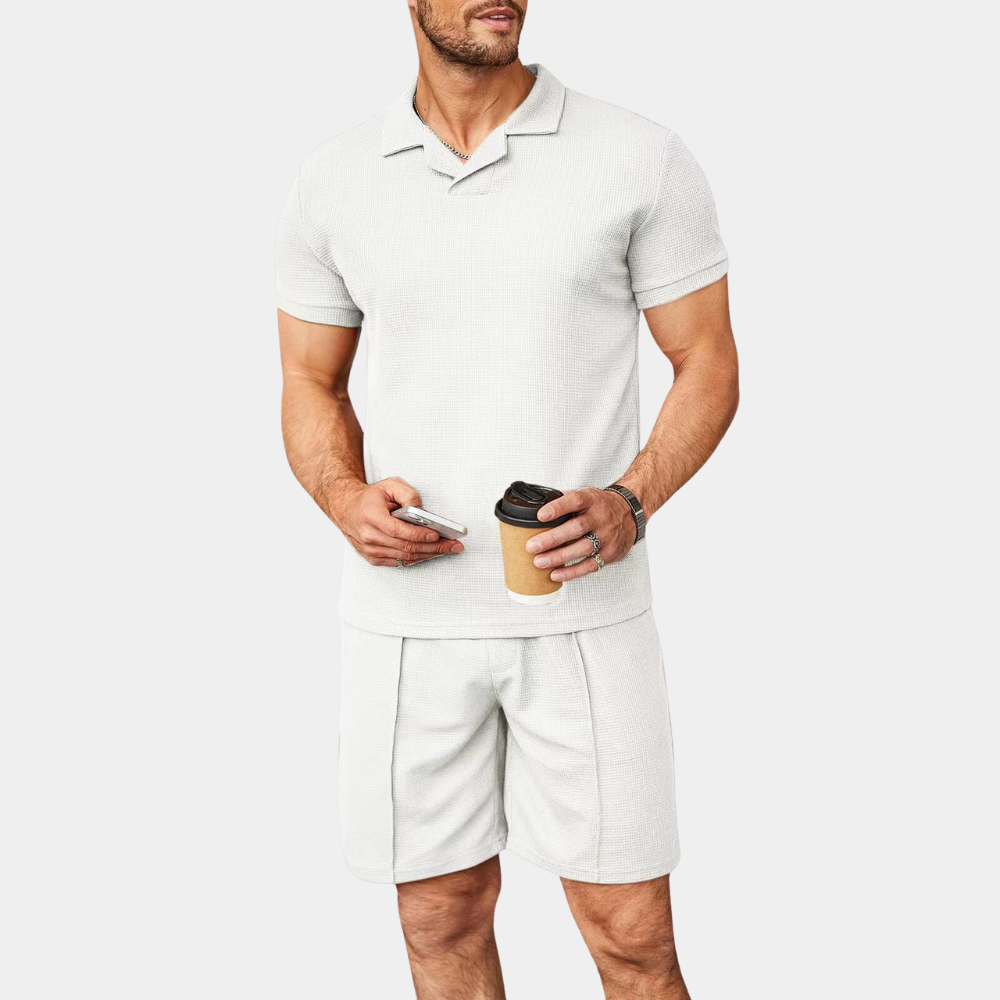 Herrars Avslappnat Tvådelat Set med Korta Ärmar och Shorts