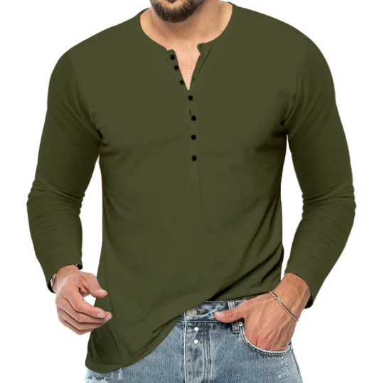 Herrskjorta Bomull Långärmad Henley Regular Fit