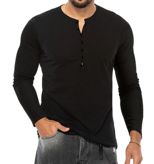 Herrskjorta Bomull Långärmad Henley Regular Fit