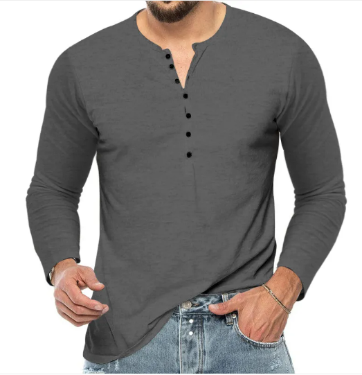 Herrskjorta Bomull Långärmad Henley Regular Fit