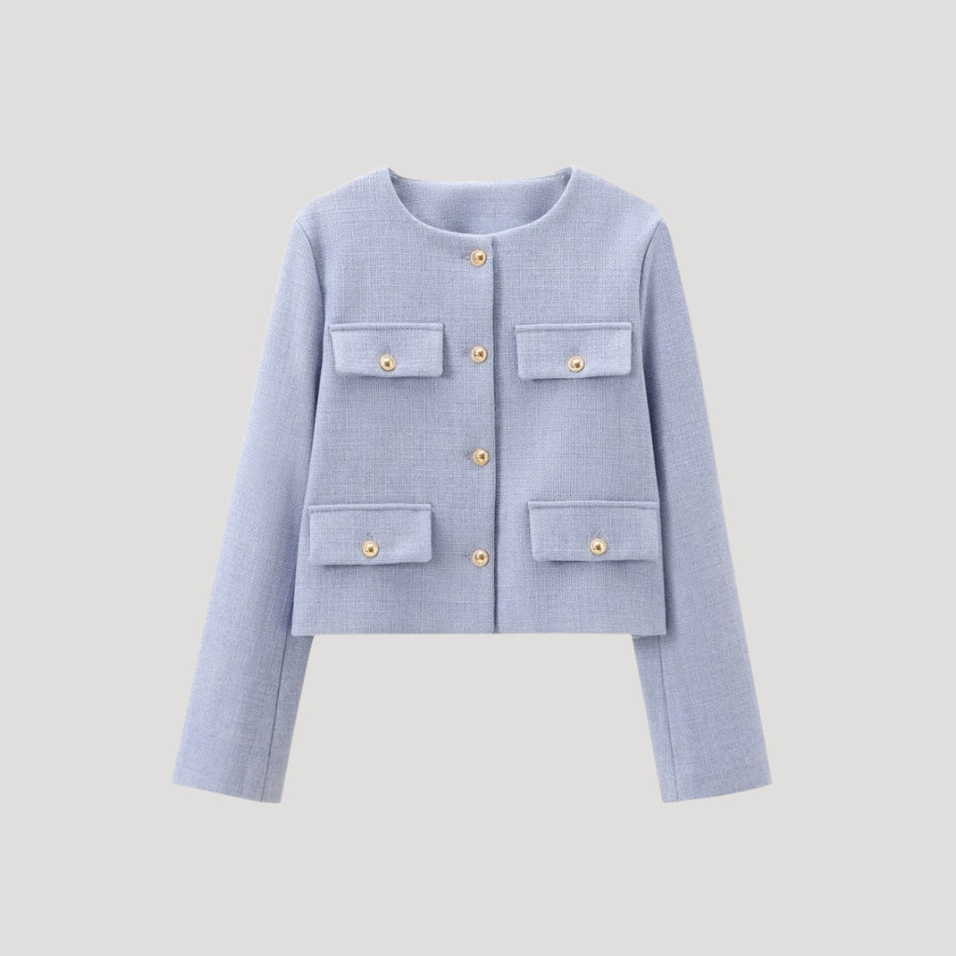 Kvinno Croppad Knapp-up Cardigan med Fickor 0