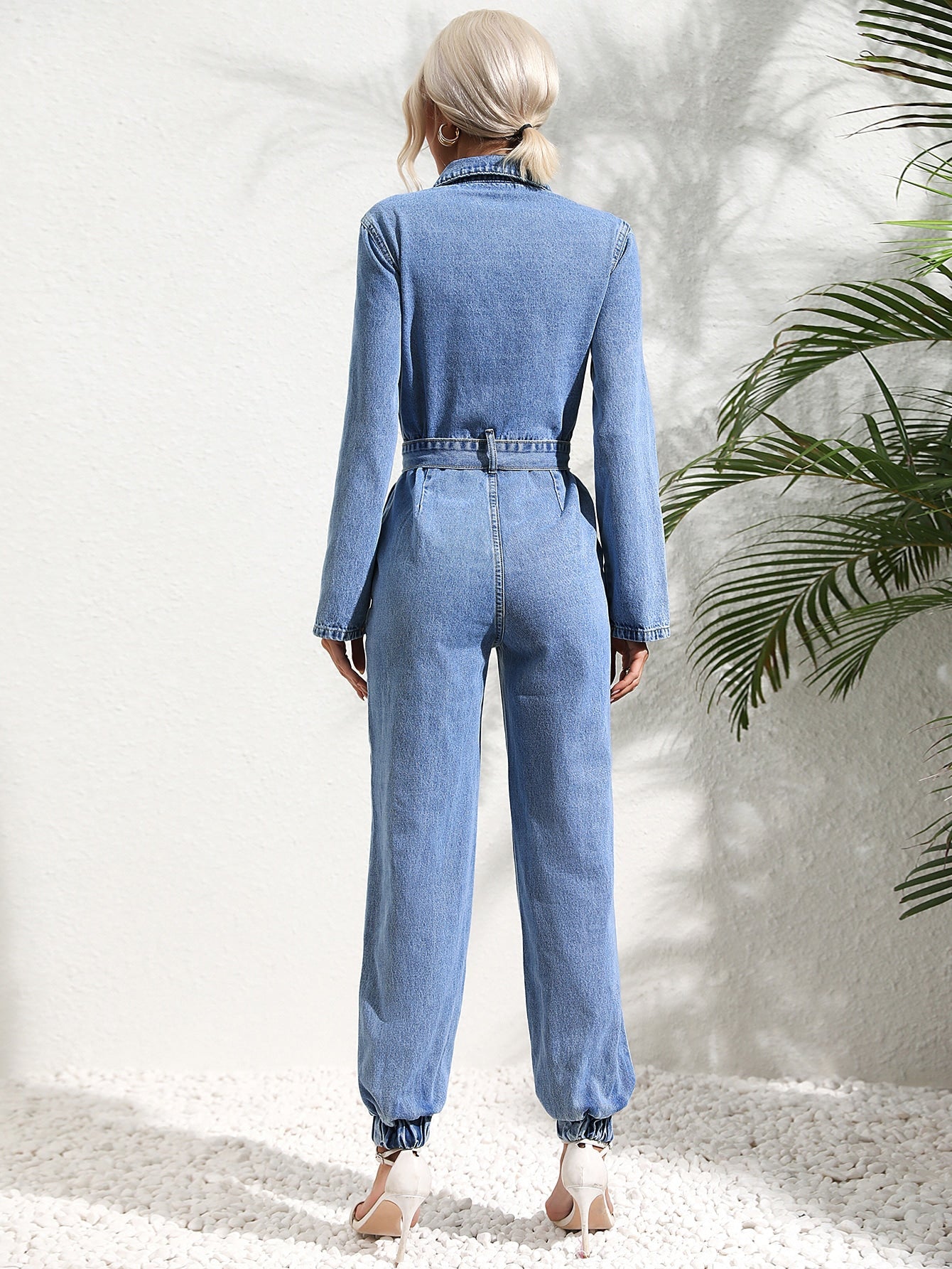 Kvinnors Bomull Denim Jumpsuit med Knappfront
