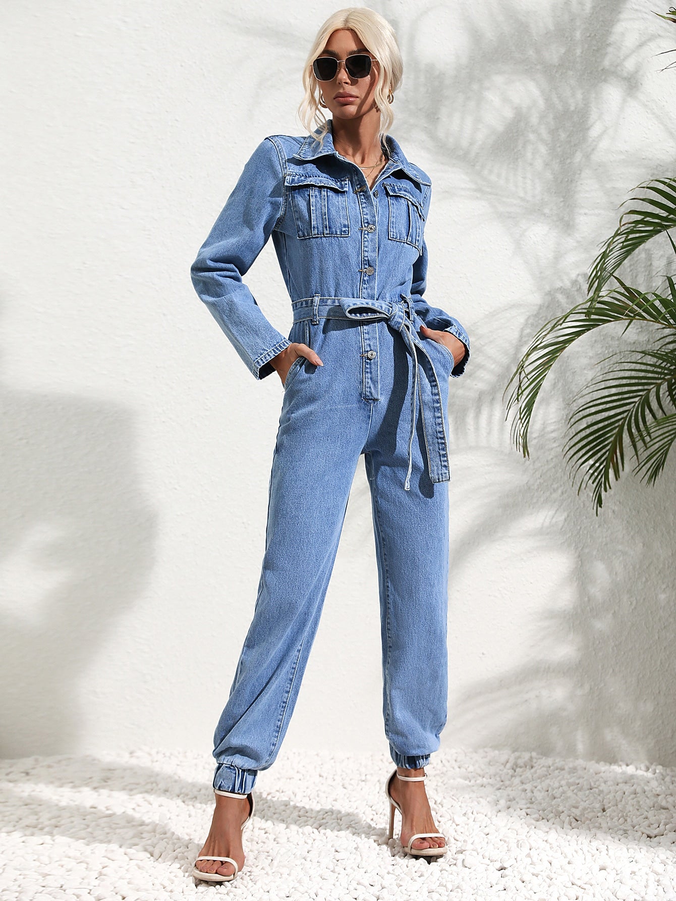 Kvinnors Bomull Denim Jumpsuit med Knappfront
