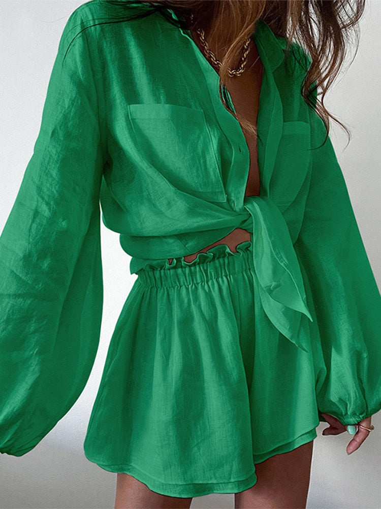 Kvinnors Bomull-Linne Tvådelad Outfit Avslappnad Stil