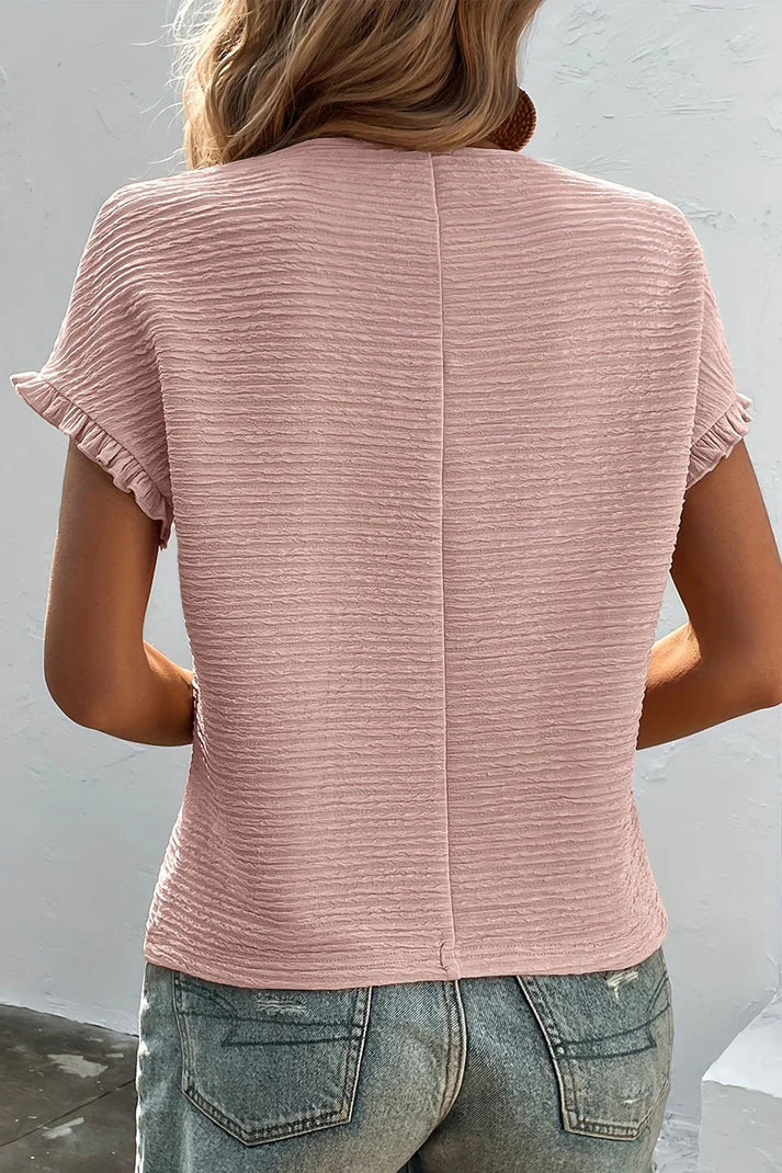 Kvinnors Bomull T-shirt med Runda Halsringning och Ruffles