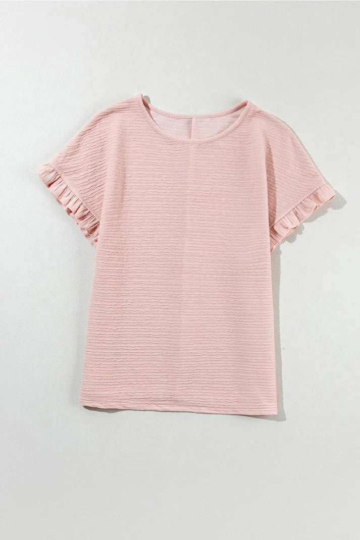 Kvinnors Bomull T-shirt med Runda Halsringning och Ruffles