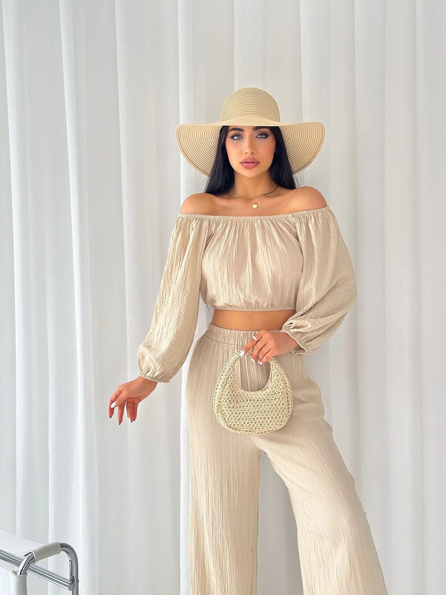 Kvinnors Bomull Tvådelat Set Off-Shoulder