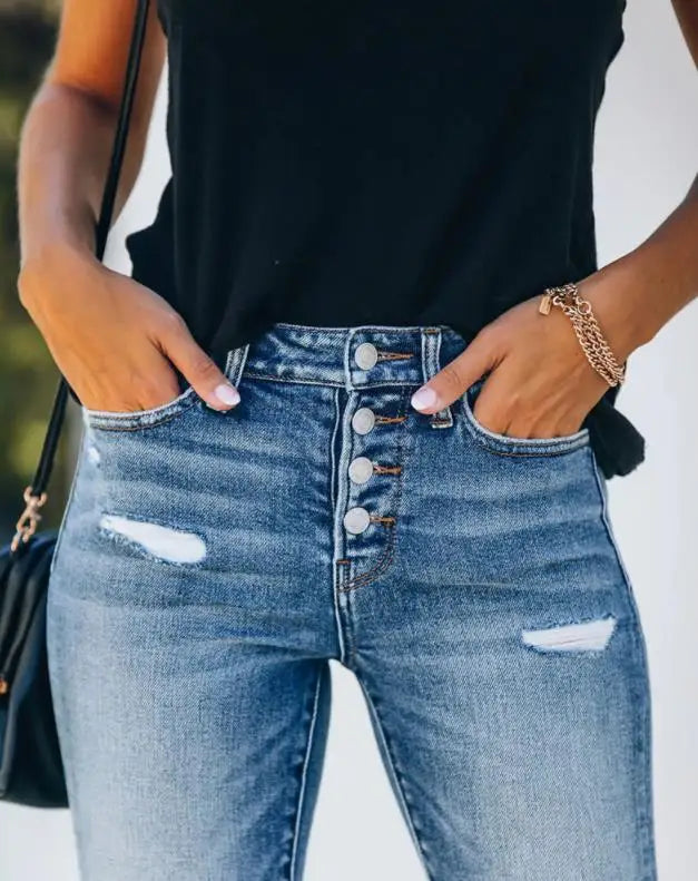 Kvinnors Denim Slim Fit Rippade Jeans