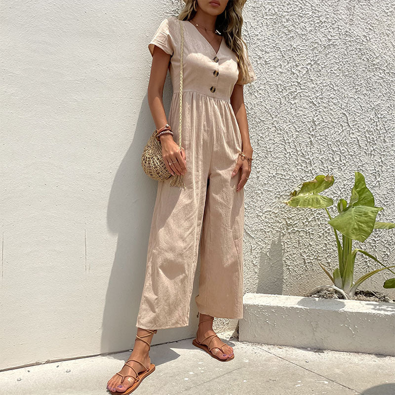 Kvinnors Linneblandning Jumpsuit med Bred Ben