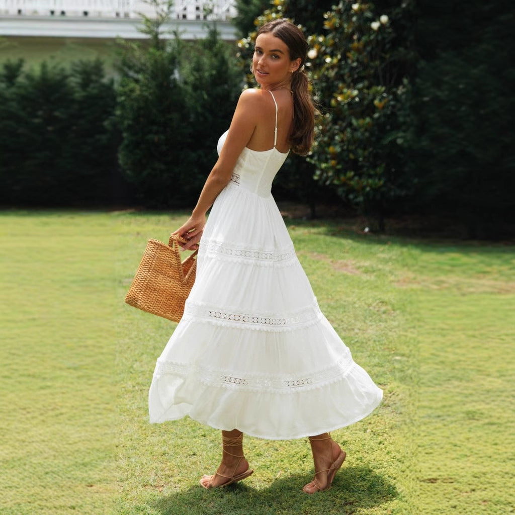 Kvinnors Maxiklänning Bomullsblandning med Spetsdetaljer