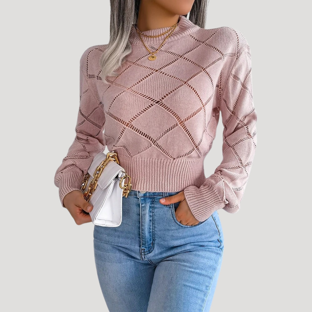 Kvinnors Croppad Stickad Pullover Tröja med Höga Halsringning 1