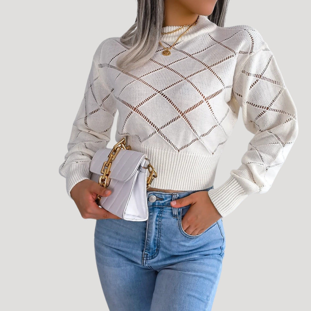 Kvinnors Croppad Stickad Pullover Tröja med Höga Halsringning 3
