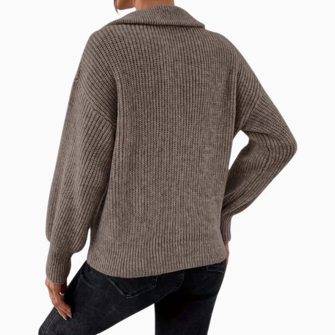 Kvinnors Halvzip Stickad Tröja med Ribbstickning 7