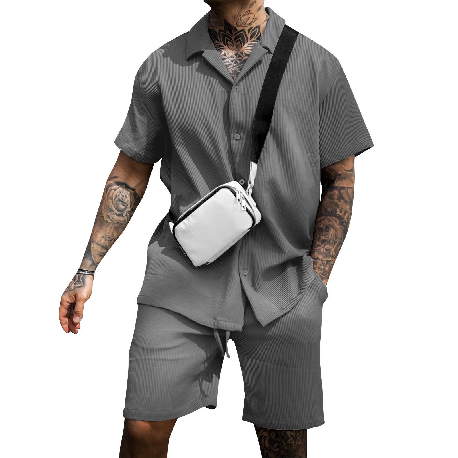 Mäns Bomull Kortärmad Skjorta och Shorts Set