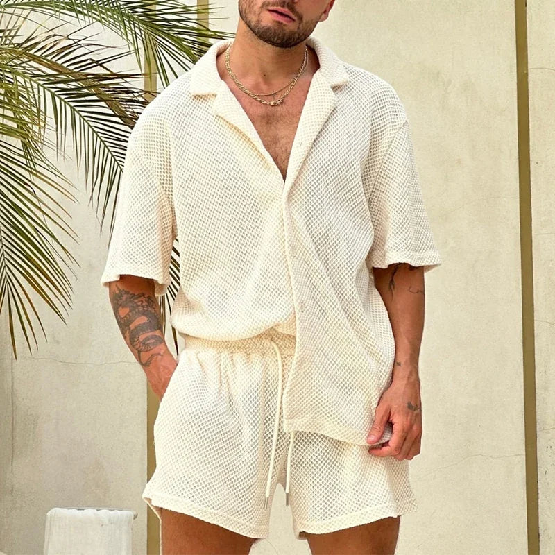 Mäns Bomull Sommaruppsättning Kortärmad Skjorta Shorts