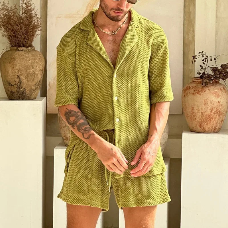 Mäns Bomull Sommaruppsättning Kortärmad Skjorta Shorts