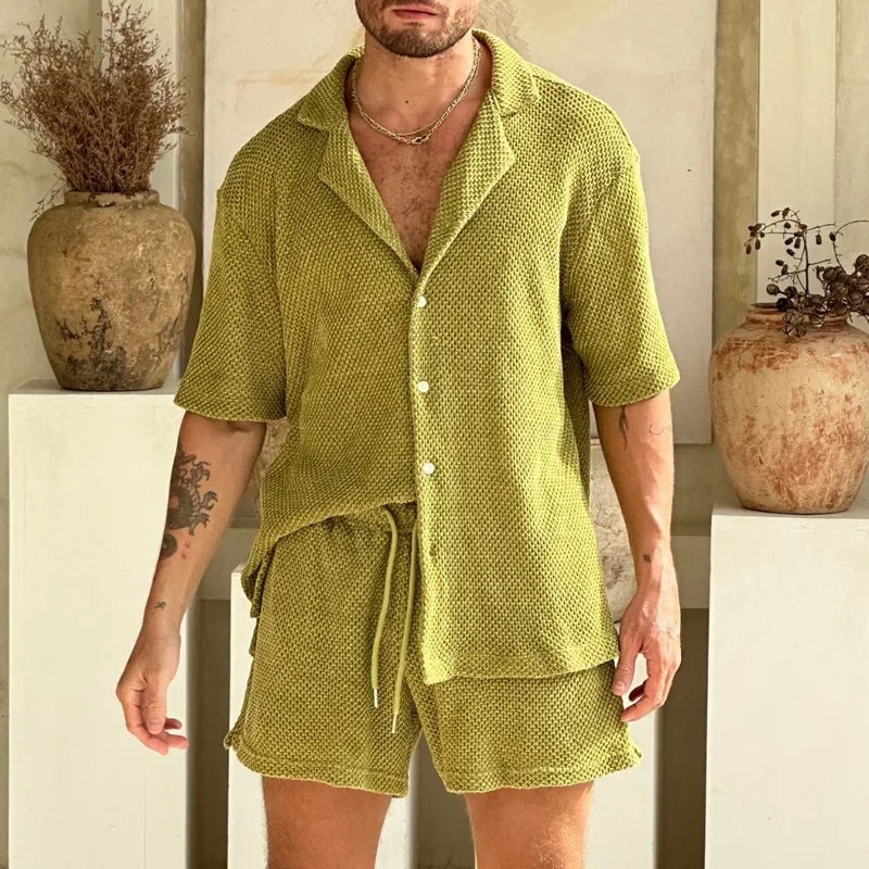 Mäns Bomull Sommaruppsättning Kortärmad Skjorta Shorts