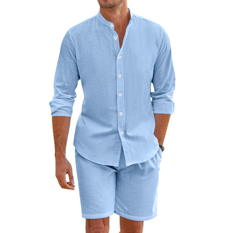 Mäns Linneblandning Tvådelad Uppsättning med Skjorta och Shorts