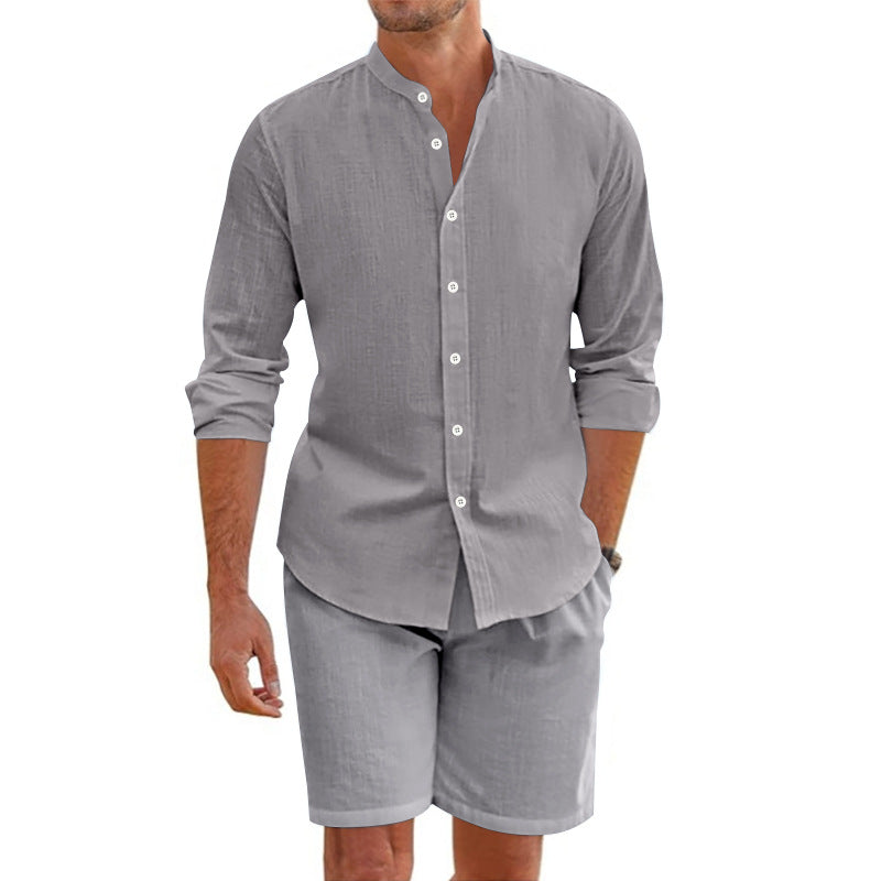 Mäns Linneblandning Tvådelad Uppsättning med Skjorta och Shorts