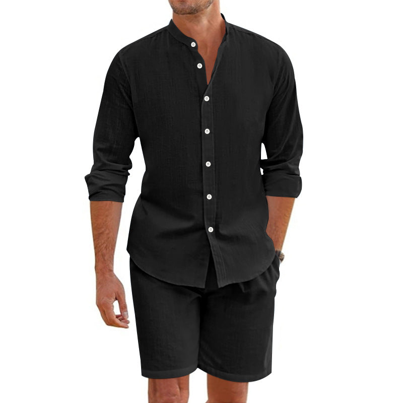 Mäns Linneblandning Tvådelad Uppsättning med Skjorta och Shorts