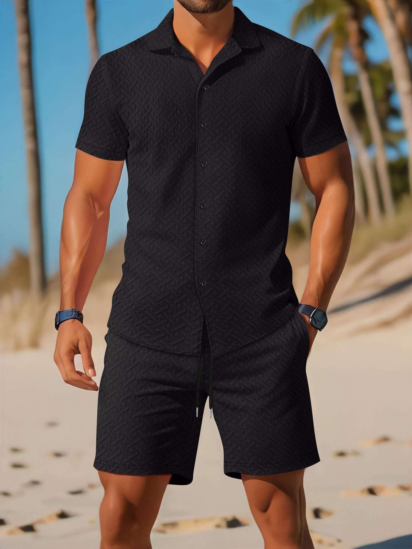 Mäns Slim Fit Skjorta och Shorts Sats i Lätt Tyg