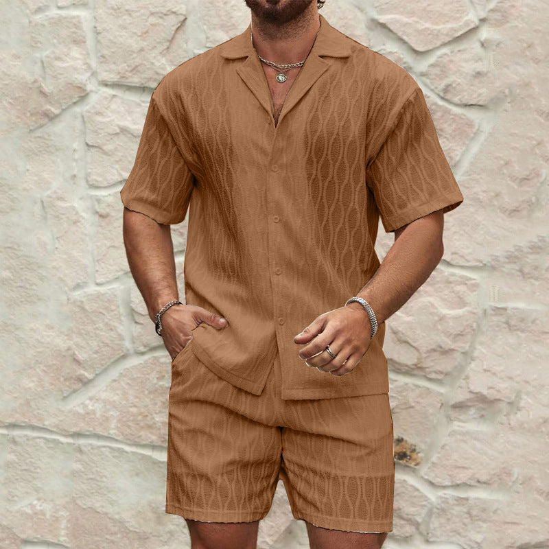 Mäns Bomull Tvådelat Set Skjorta och Shorts-5