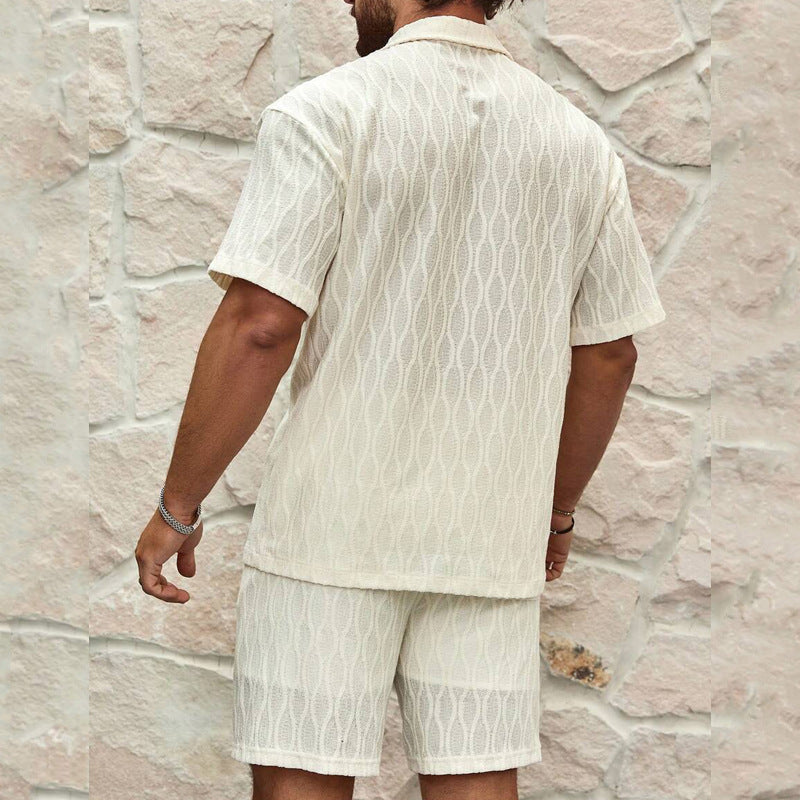 Mäns Bomull Tvådelat Set Skjorta och Shorts-3